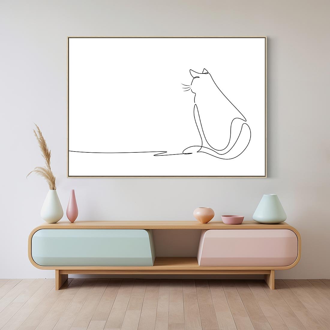 Obraz w ramie 70x50 - Koci Szkic - szkic, line art - rama drewno