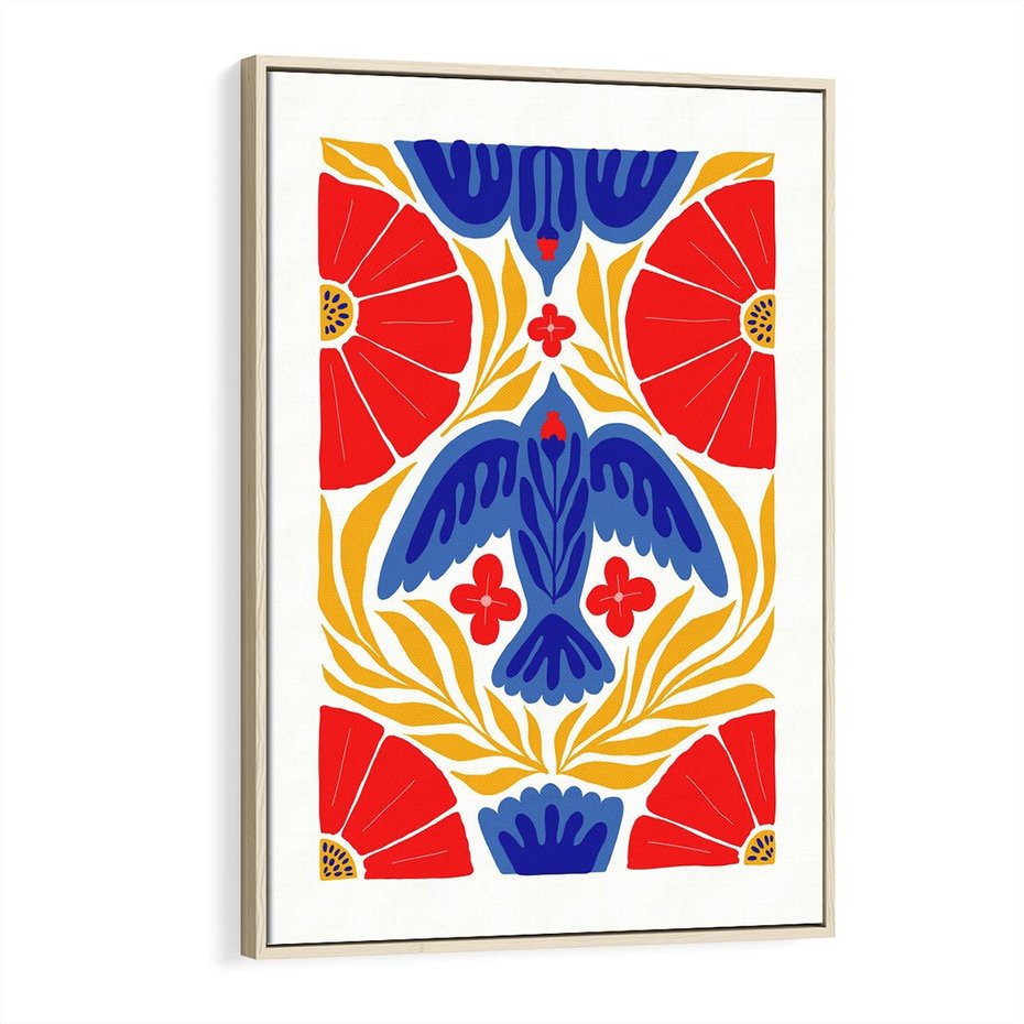 Obraz w ramie 80x120 - Eklektyczny Majestat - wyrazista grafika, mocne kolory czerwień niebieski żółty - rama drewno