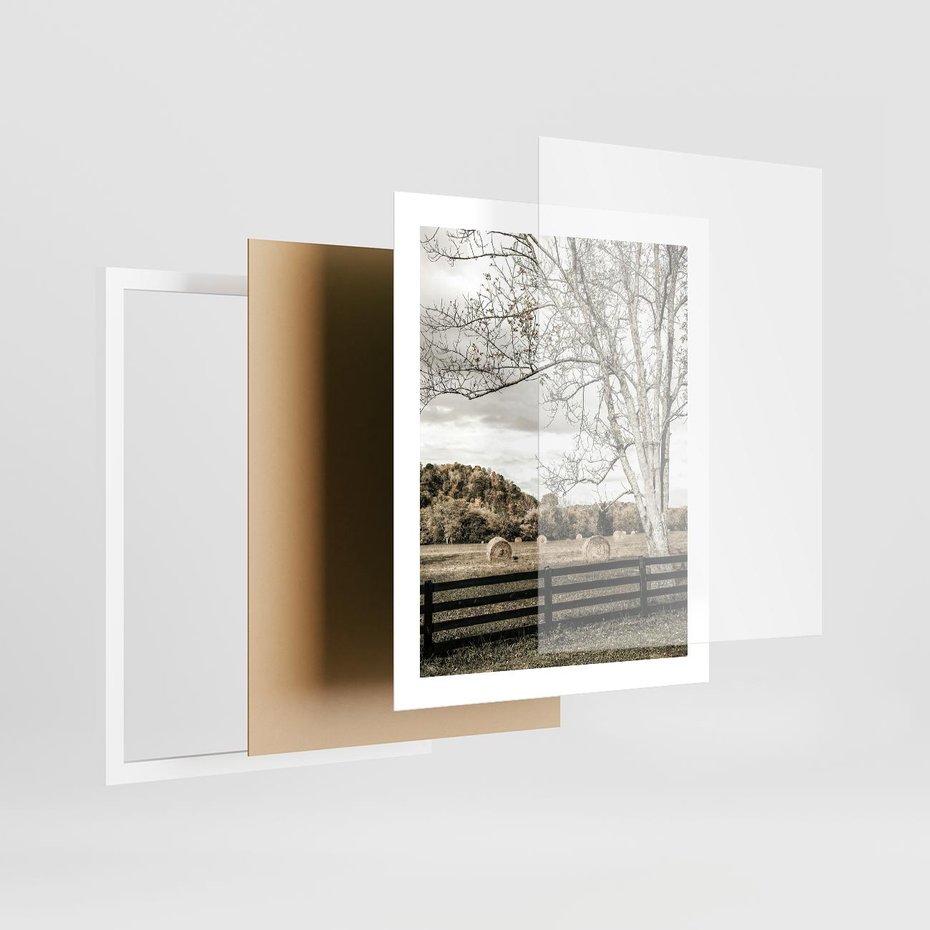 Plakat w ramie 40x50 - Drzewa i Snopki Siana - farma, drzewa - rama biała