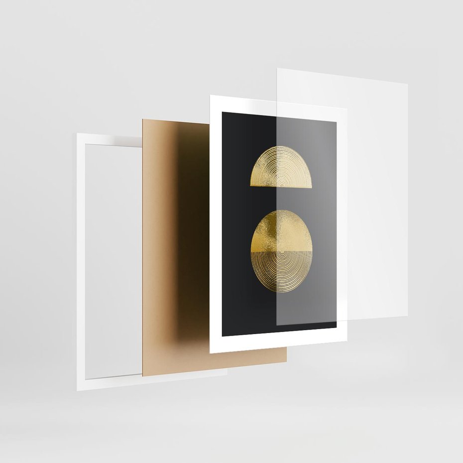 Plakat w ramie 30x40 - Migotliwe Przeniknięcia - złote koła, czarne tło - rama biała