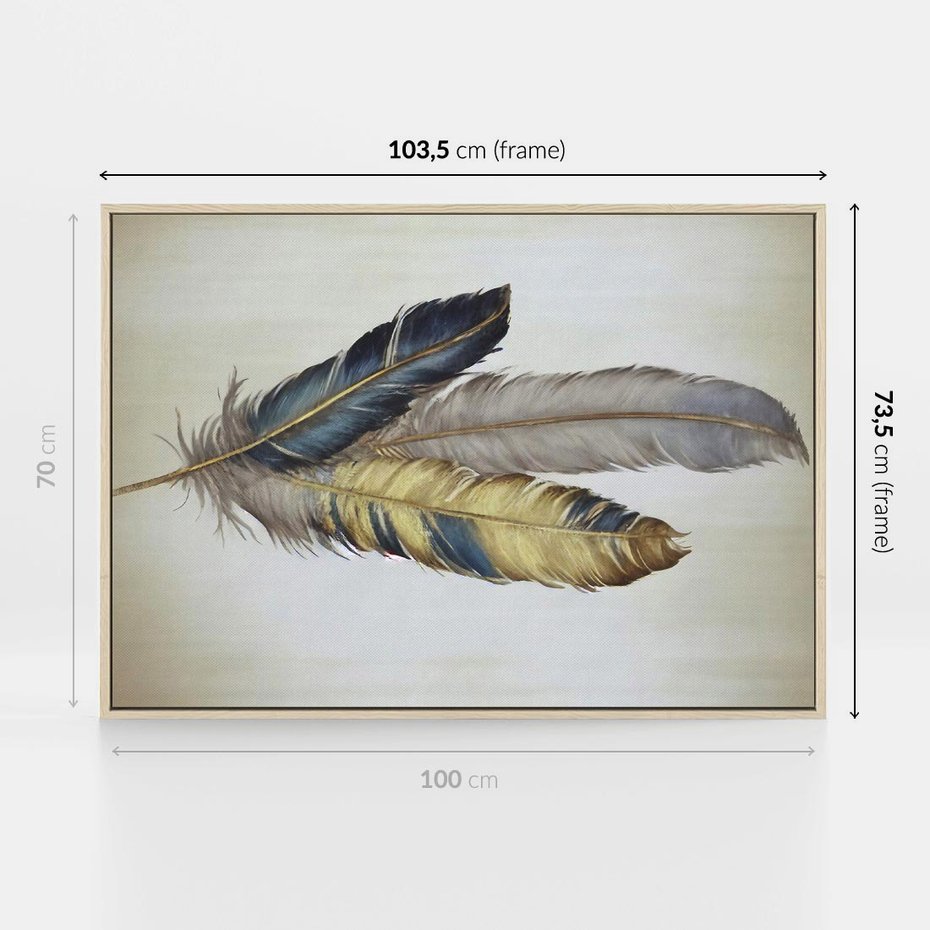 Obraz w ramie 100x70 - Granatowo-Złote Pióra - sztuka, granatowe i złote pióra - rama drewno