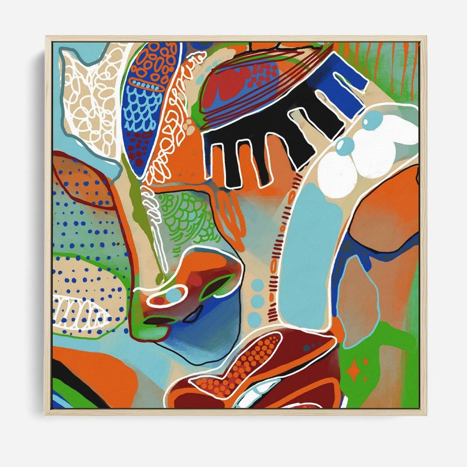 Obraz w ramie 80x80 - Wibracje Kształtów - abstrakcyjny portret kobiety, twarz - rama drewno