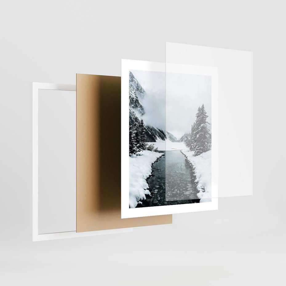 Plakat w ramie 40x50 - Zimowa Przyroda: Rzeka, Góry i Śnieg - zima, rzeka - rama biała