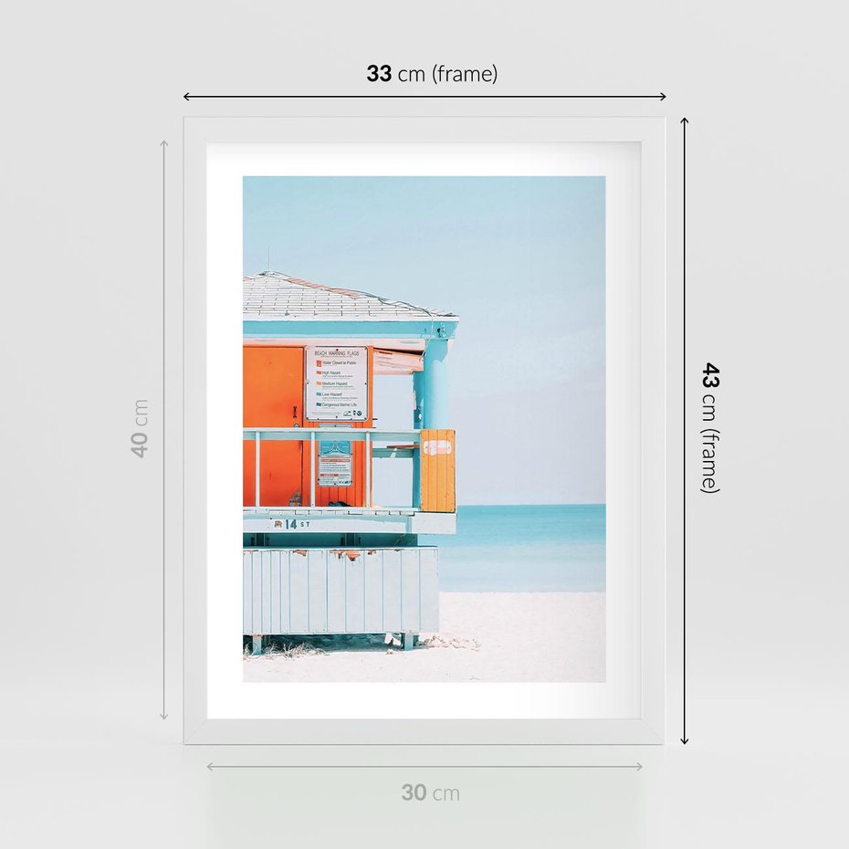 Plakat w ramie 30x40 - Letnia Idylla - plaża, domek na plaży - rama biała