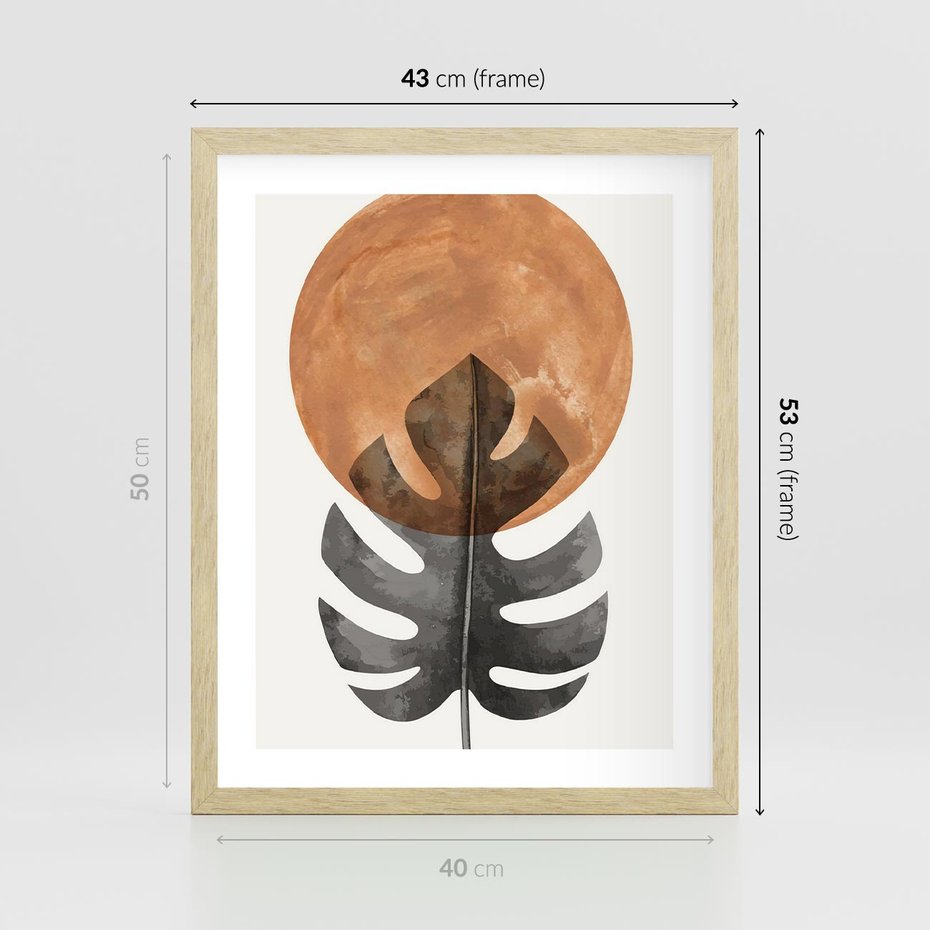 Plakat w ramie 40x50 - Natura a Sztuka - liść monstery, czarna grafika - rama drewno
