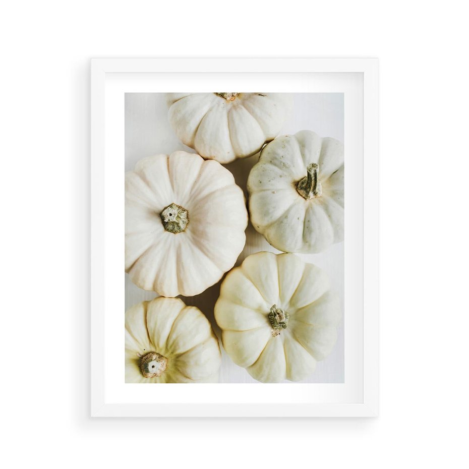 Plakat w ramie 40x50 - Jesienne Dynie: Delikatna Kompozycja - białe dynie, jasna kompozycja - rama biała