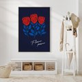 Obraz w ramie 50x70 - Podróżne Barwy - czerwone abstrakcyjne kwiaty, granatowe tło - rama drewno