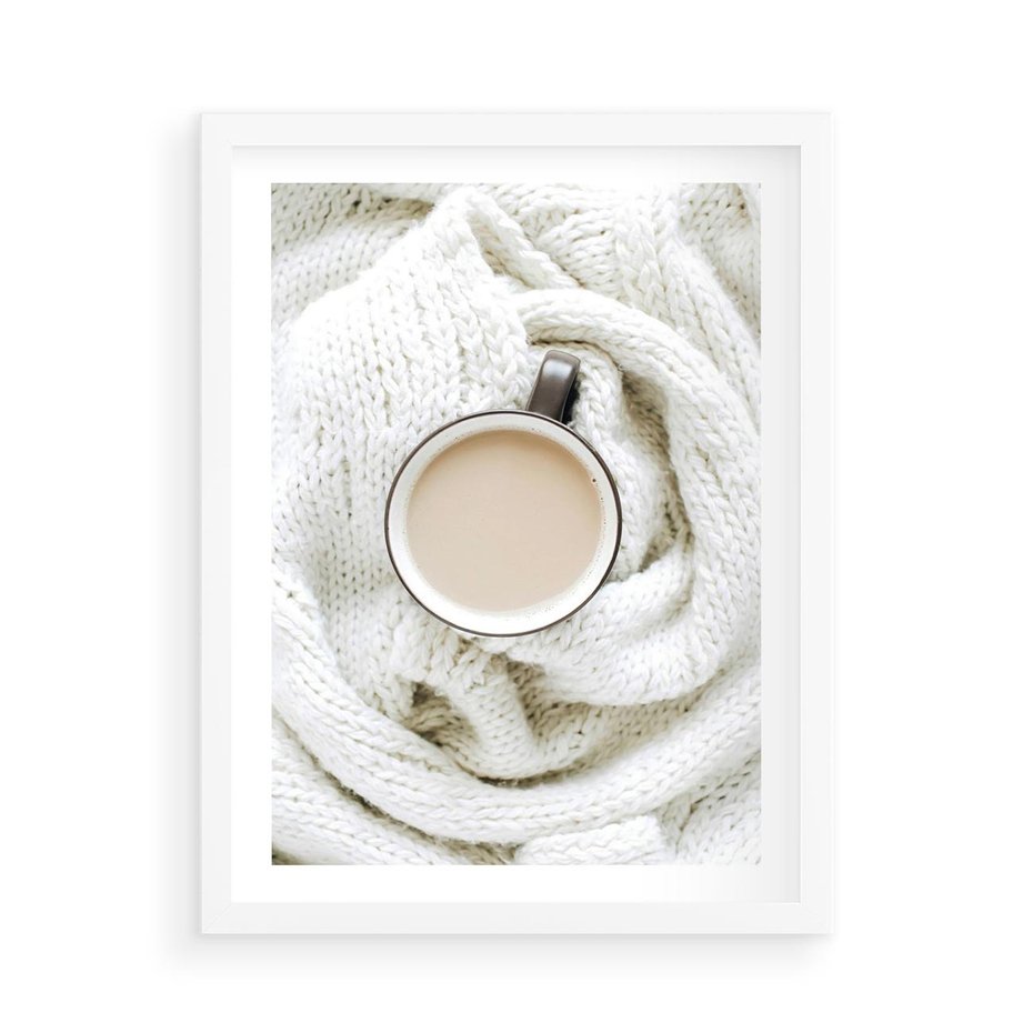 Plakat w ramie 50x70 - Kawa na Wełnianym Kocu - kawa, biały wełniany koc - rama biała