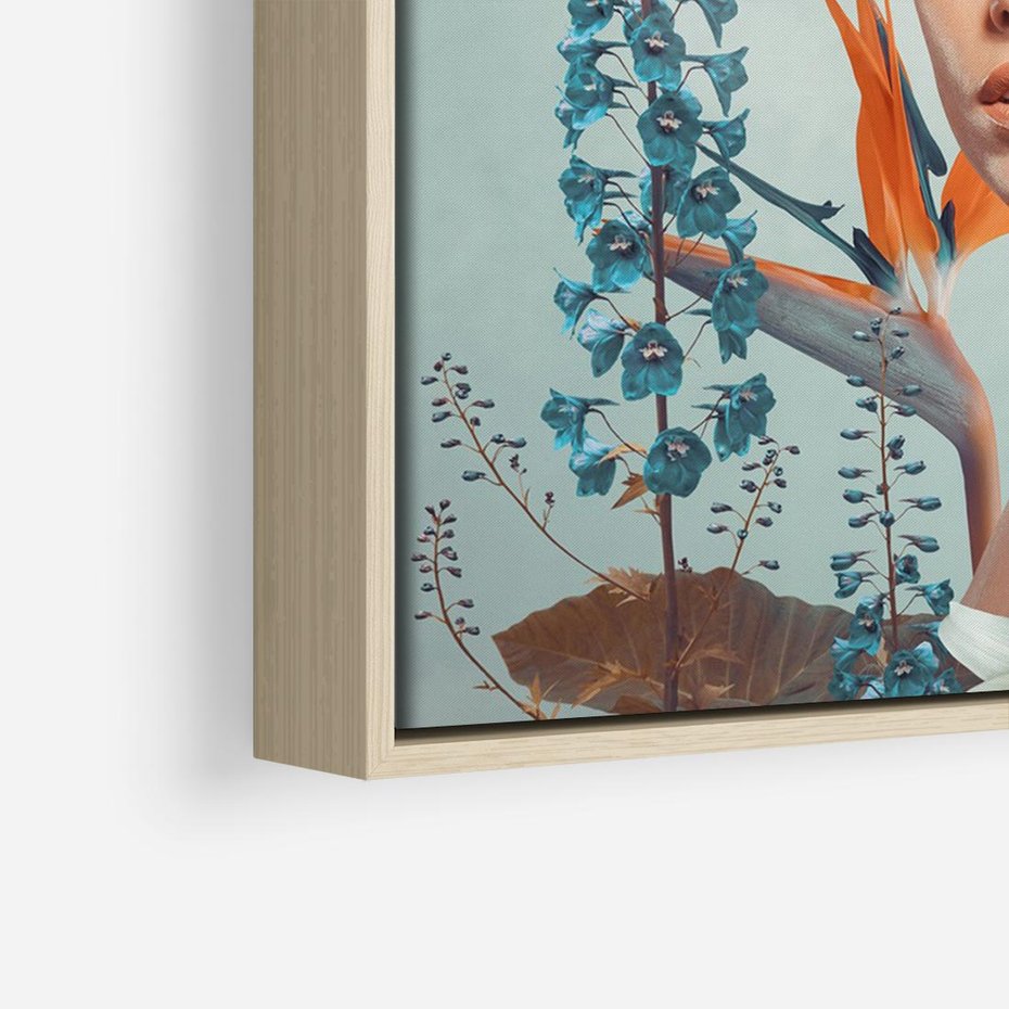 Obraz w ramie 70x50 - Kwiatowa Enklawa Uroku - kolaż, nierealna kompozycja - rama drewno