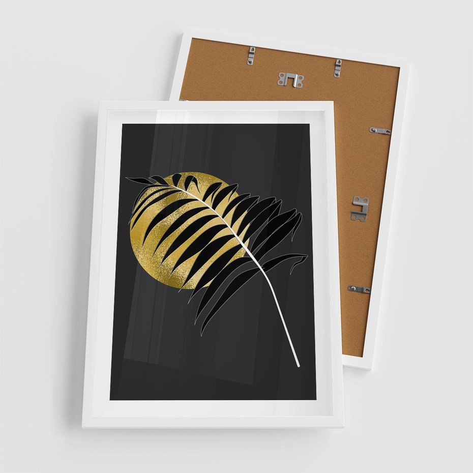 Plakat w ramie 50x70 - Egzotyczna Elegancja - palma, na czarnym tle - rama biała