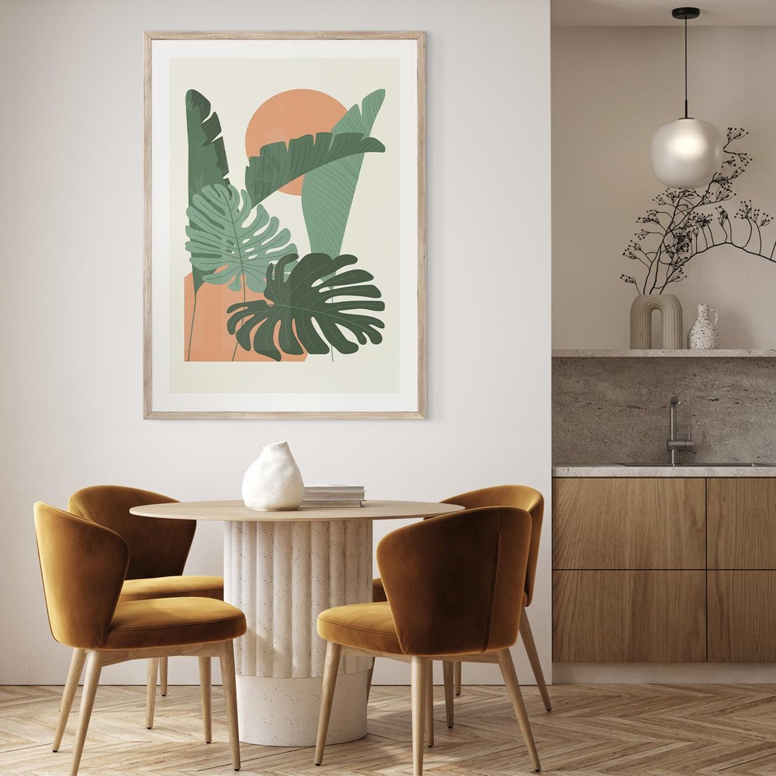 Plakat w ramie 30x40 - Abstrakcyjne Tropiki - liście, rośliny tropikalne w graficznym stylu - rama drewno