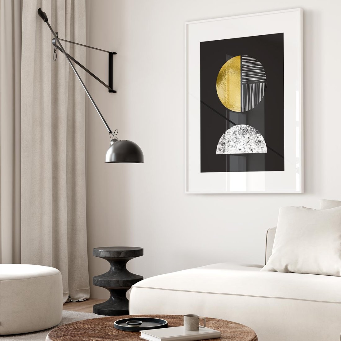 Plakat w ramie 30x40 - Złote Koła i Geometryczne Formy - grafika, modern - rama biała