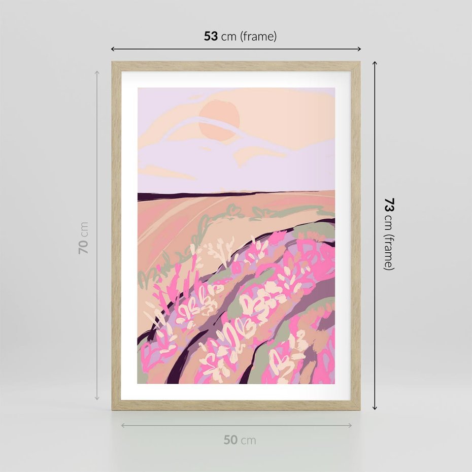 Plakat w ramie 50x70 - Harmonijny Świt - pastelowy krajobraz, nowoczesny plakat - rama drewno