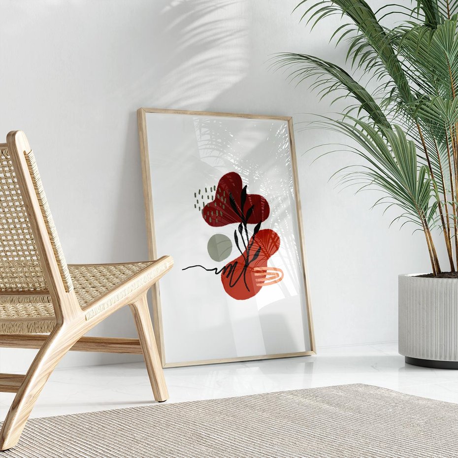 Plakat w ramie 50x70 - Migocące Kształty Liści - bstrakcyjna sztuka, boho kształty - rama drewno