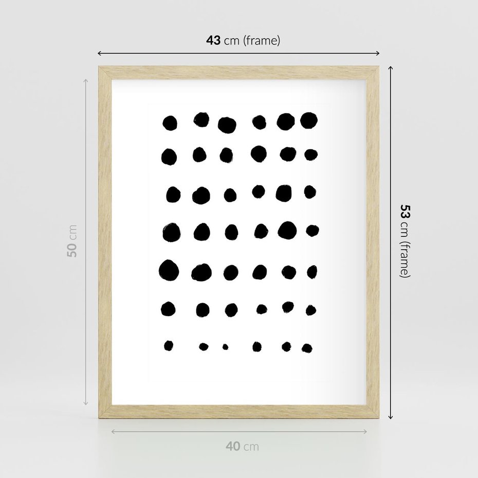 Plakat w ramie 40x50 - Refleksje Światła - minimalistyczna kompozycja, czarne kropkina białym tle - rama drewno