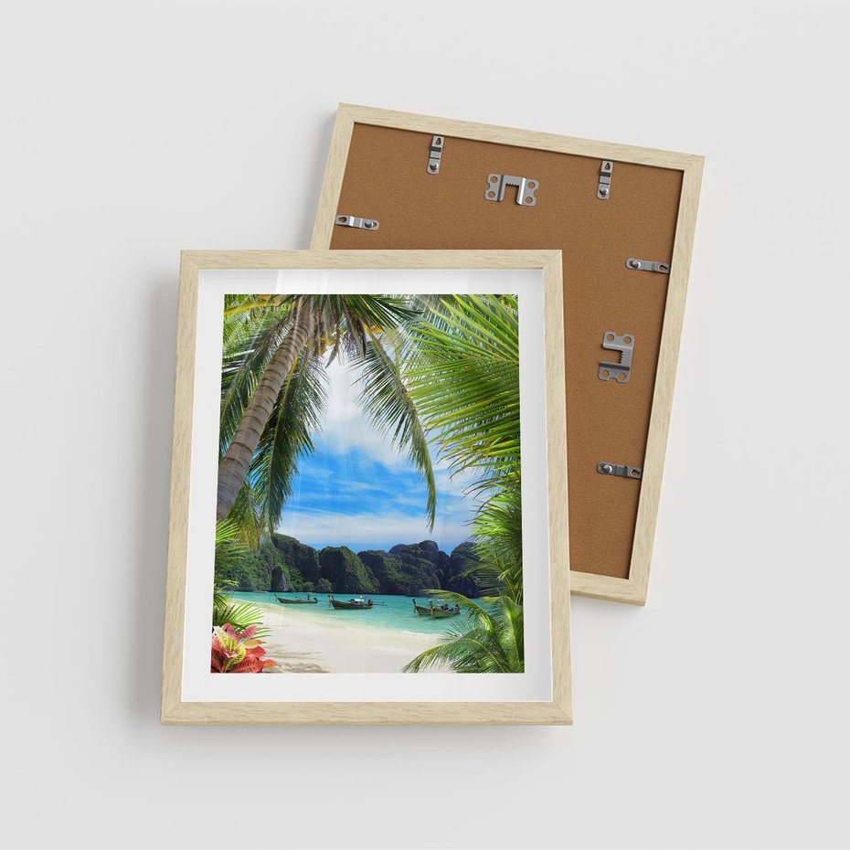 Plakat w ramie 40x50 - Palmy tańczące na tropikalnej plaży - palmy, plaża - rama drewno