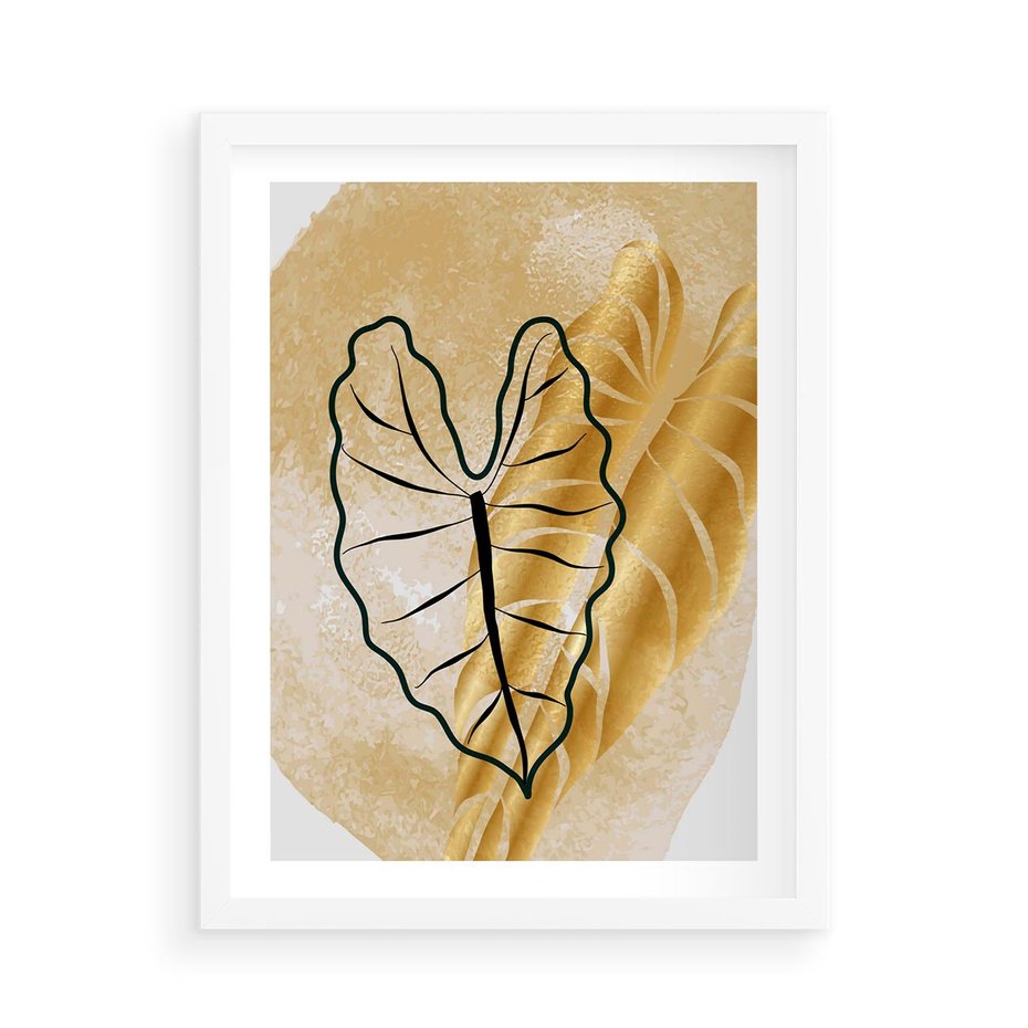Plakat w ramie 50x70 - Monstera w Złocie - złote liście monstery, grafika - rama biała