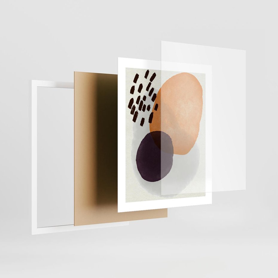 Plakat w ramie 40x50 - Kolorowe Akwarelowe Przenikanie - geometryczne elementy, stonowane ziemiste kolory - rama biała