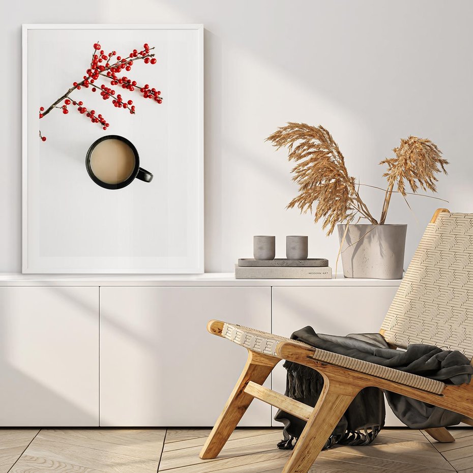 Plakat w ramie 50x70 - Filiżanka Kawy z Gałązką Jarzębiny - kawa, gałązka jarzębiny - rama biała