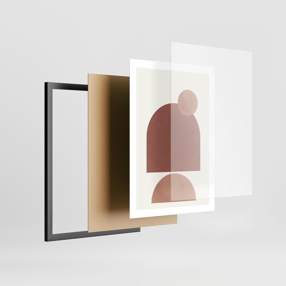 Plakat w ramie 50x70 - Rozkwitające Odbicia - abstrakcyjne geometryczne kształty, odcienie brązu i beżu - rama czarna