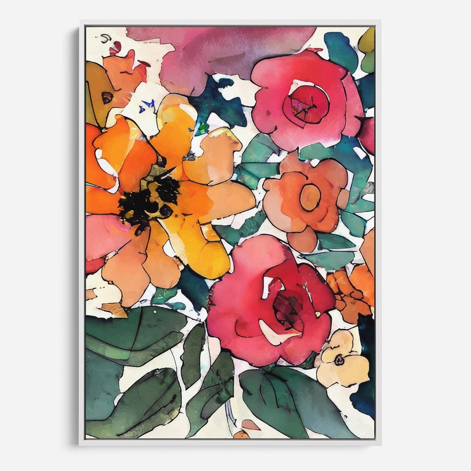 Obraz w ramie 50x70 - Kwiatowy Impuls Kolorów - abstrakcyjne kolorowe kwiaty, szkic - rama biała