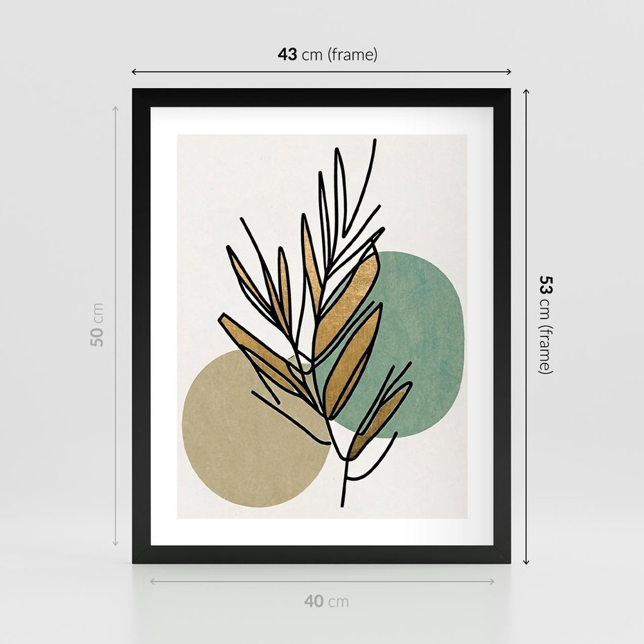 Plakat w ramie 40x50 - Migocące Ścieżki Wizji - abstrakcyjny obraz boho, liście - rama czarna