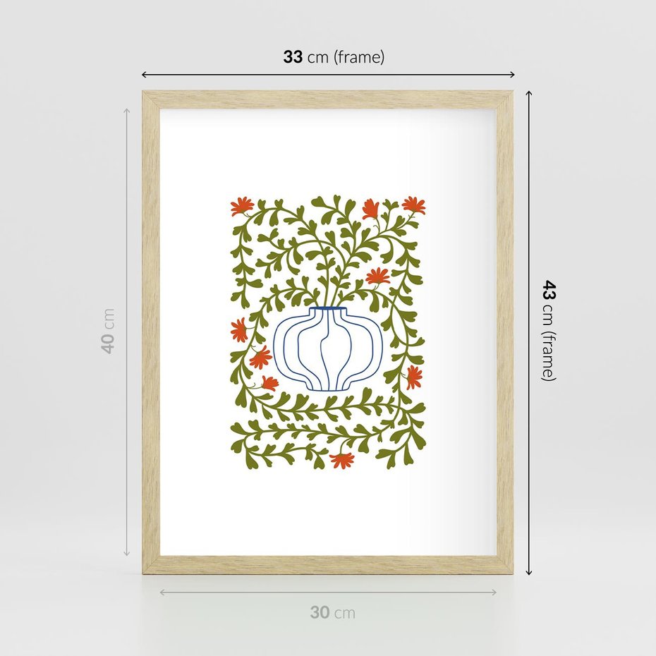 Plakat w ramie 30x40 - Wewnętrzne Fale - kwiaty w wazonie, minimalizm - rama drewno