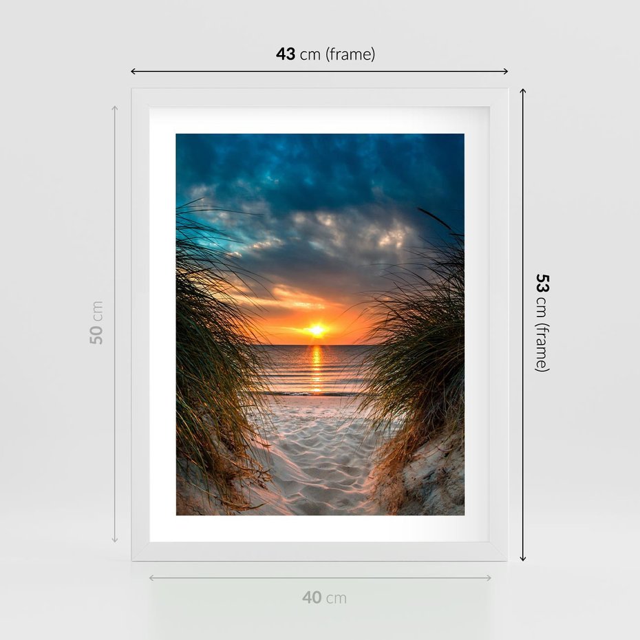 Plakat w ramie 40x50 - Magia zachodu słońca na plaży - zachód, słońca - rama biała