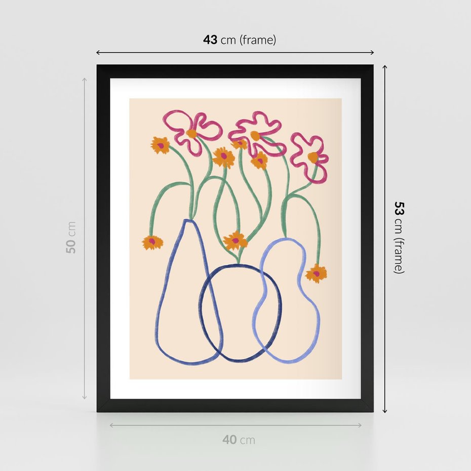 Plakat w ramie 40x50 - Migocące Pastelowe Impresje - minimalistyczny abstrakcyjny obraz, prymitywne kwiatki - rama czarna