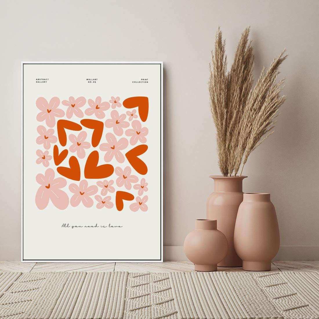 Obraz w ramie 50x70 - Miłość w Kompozycji - grafika, kompozycja kwiaty i serca - rama biała