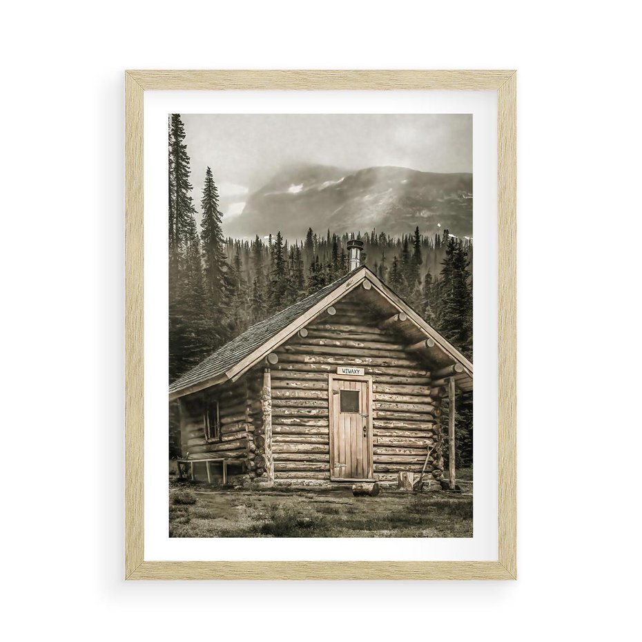 Plakat w ramie 50x70 - Urok Drewnianej Chatki w Górach - chatka w górach, drewniany domek - rama drewno