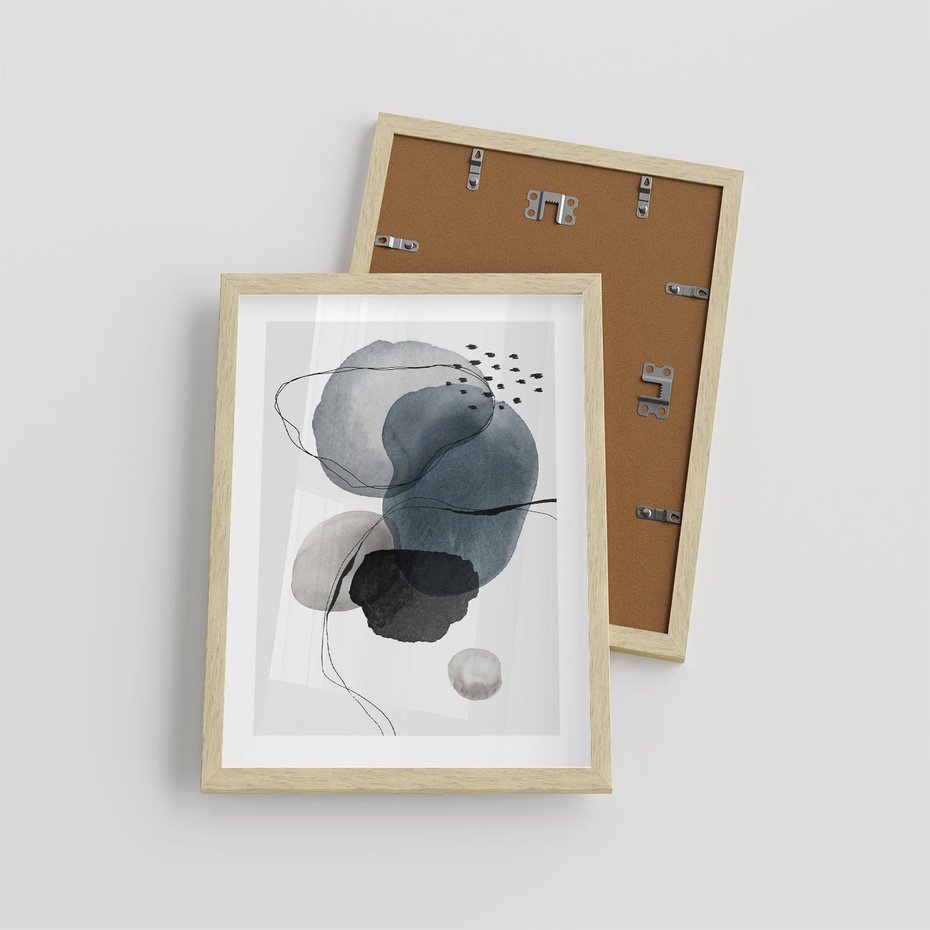 Plakat w ramie 30x40 - Wibracje Kształtów - abstrakcyjne plamy akwarelowe, czarny szkic - rama drewno