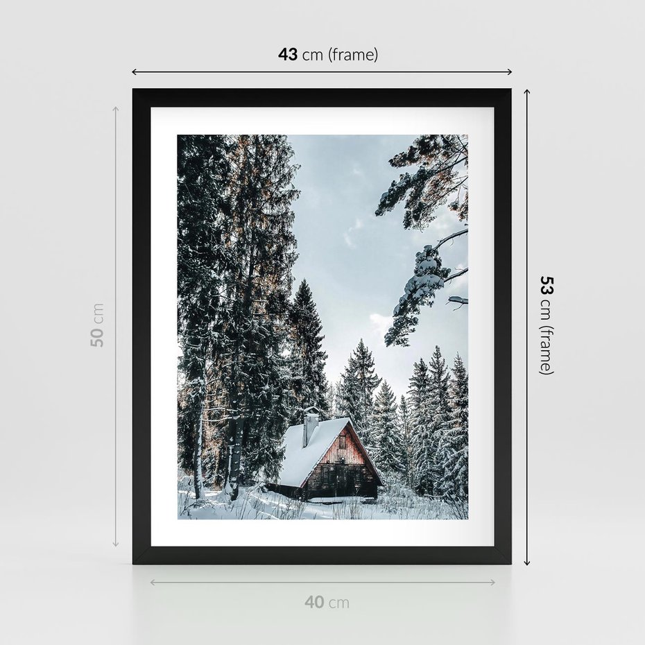 Plakat w ramie 40x50 - Górska Uroda Zimą: Dom w Śniegu - domek w górach, zima - rama czarna