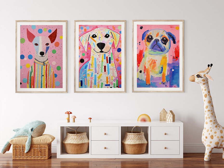 Zestaw obrazy w ramie 30x40 galeria - dla, dzieci, pieski, akwarela - rama drewno