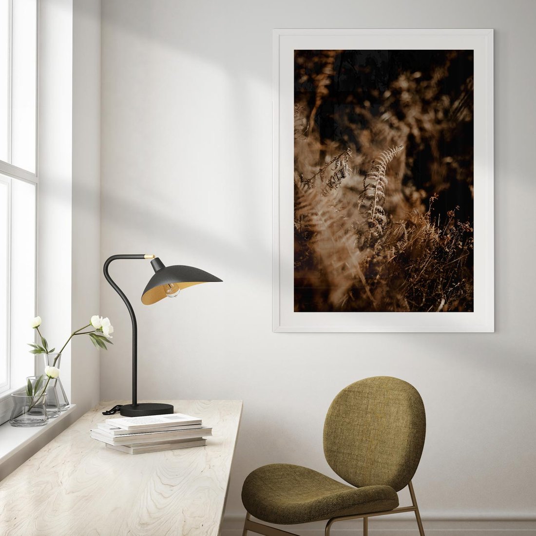 Plakat w ramie 30x40 - Delikatne Detale - paprocie, brąz - rama biała