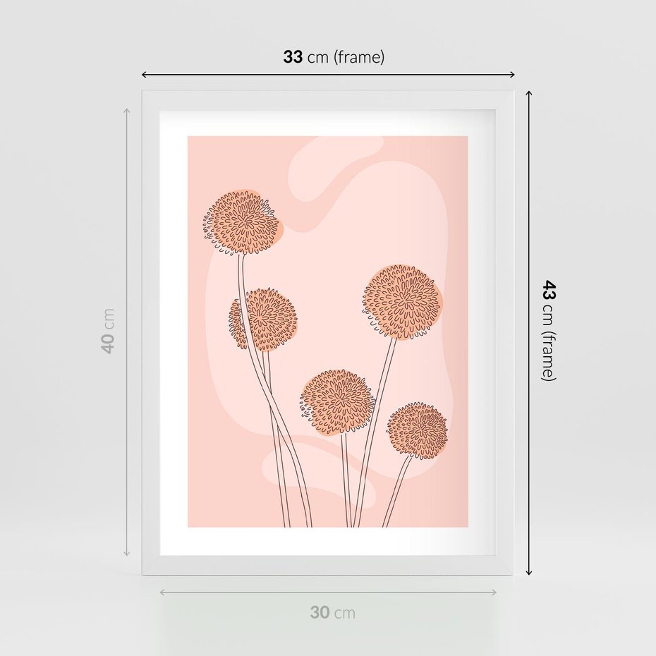 Plakat w ramie 30x40 - Rozkwitające Emocje - minimalistyczny plakat, pudrowe kwiaty - rama biała