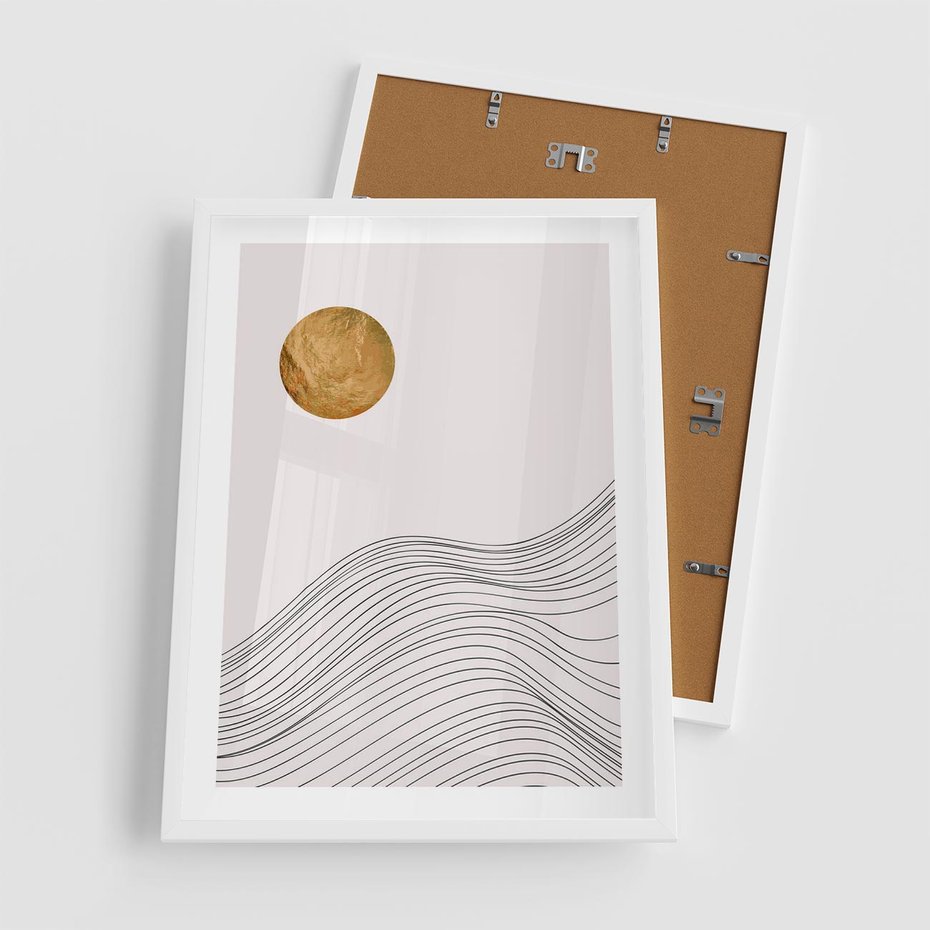 Plakat w ramie 50x70 - Minimalistyczne Słońce: Blask i Złoto - grafika, minimalizm - rama biała