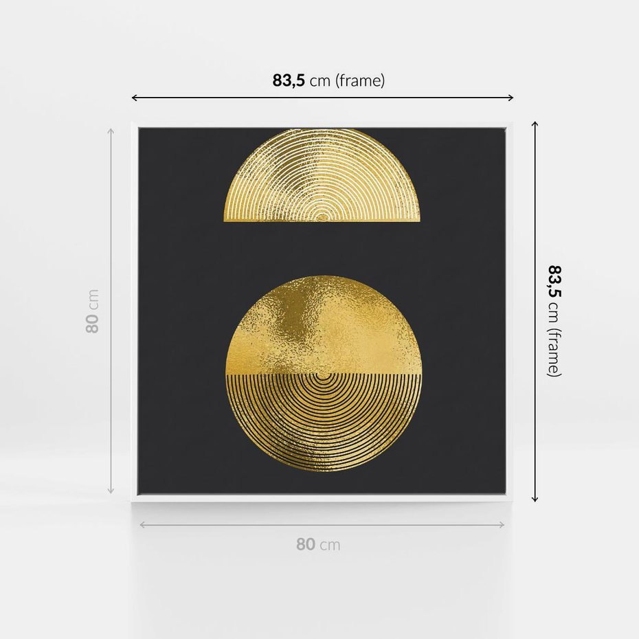 Obraz w ramie 80x80 - Migotliwe Przeniknięcia - złote koła, czarne tło - rama biała