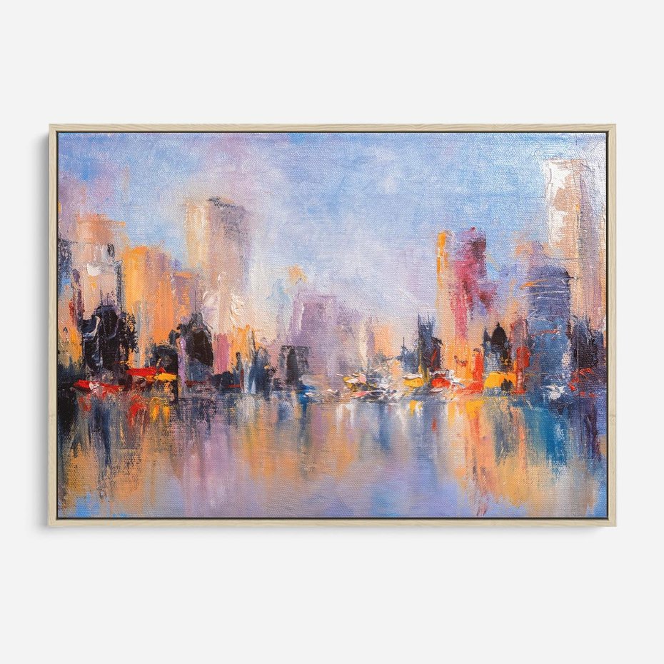 Obraz w ramie 70x50 - Miasto Refleksji - olejna panorama miasta w oddali, wiezowce odbijają się w rzece - rama drewno