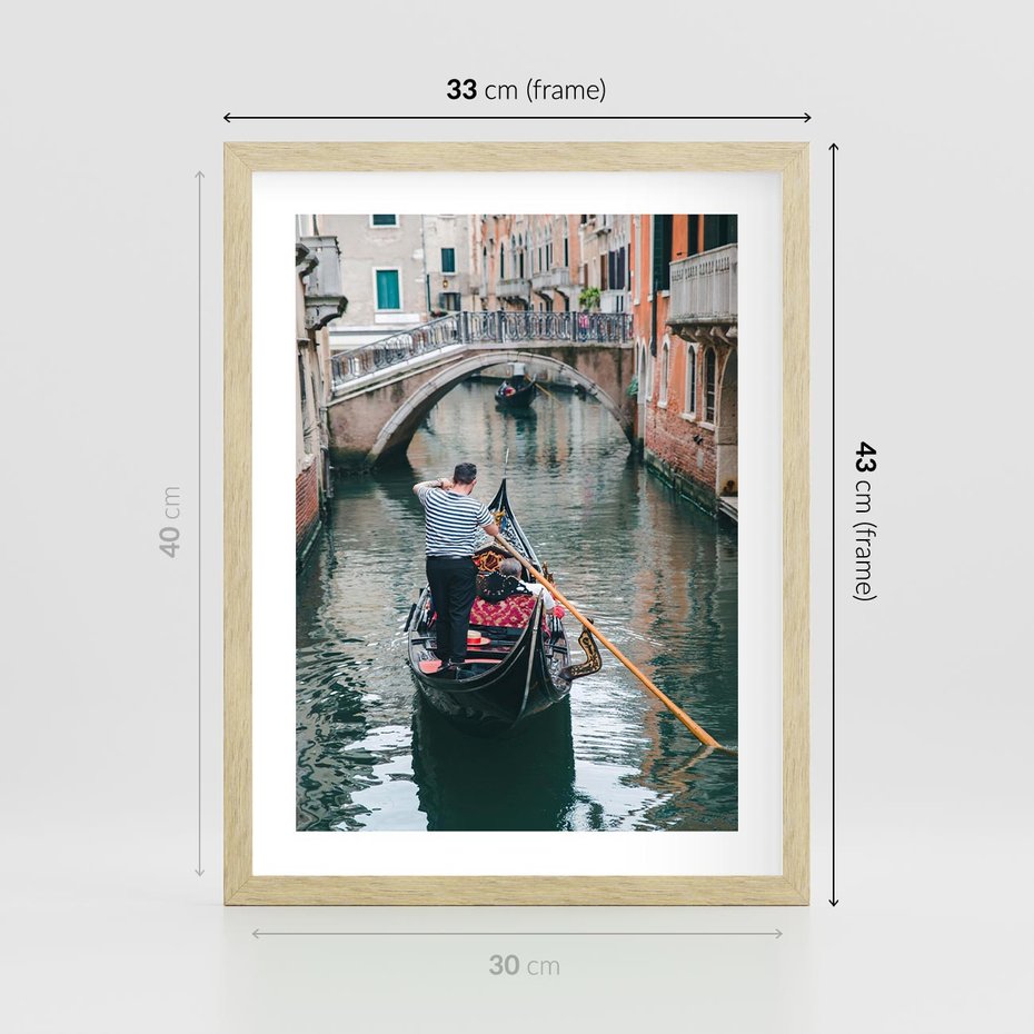Plakat w ramie 30x40 - Kanały Wenecji - gondola, Wenecja - rama drewno