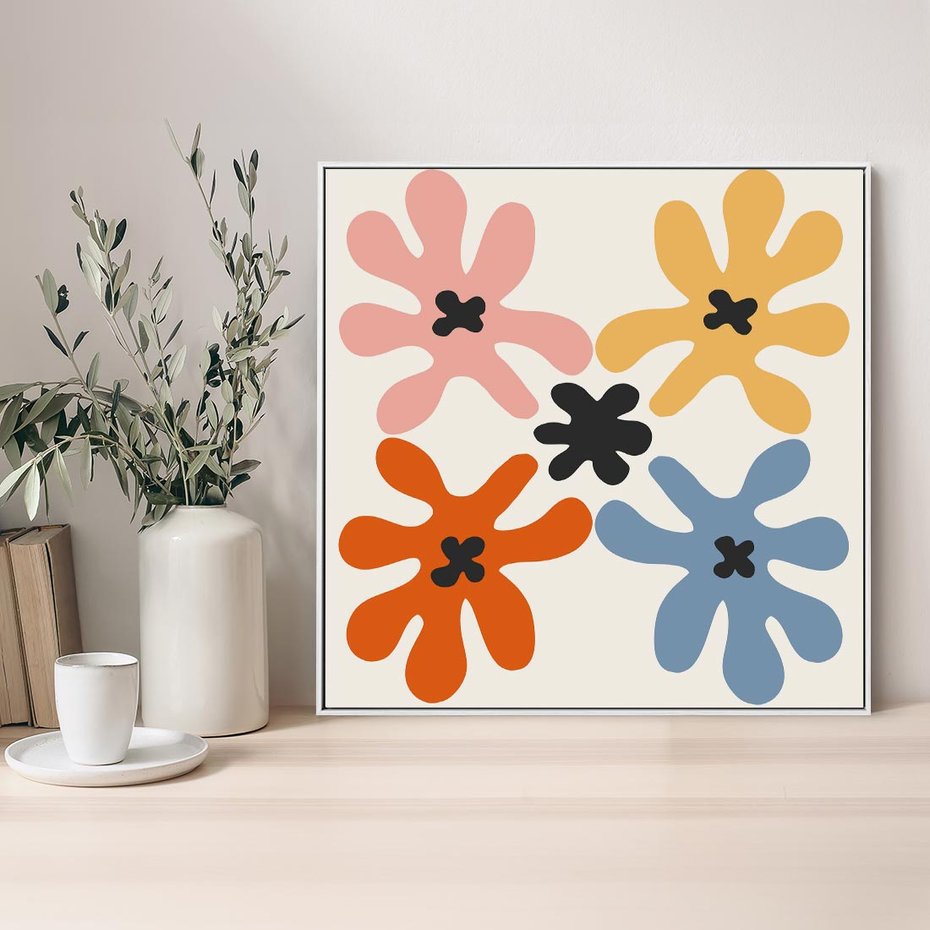 Obraz w ramie 50x50 - Taniec Akwareli - abstrakcyjne wielokolorowe kwiaty, minimalizm - rama biała