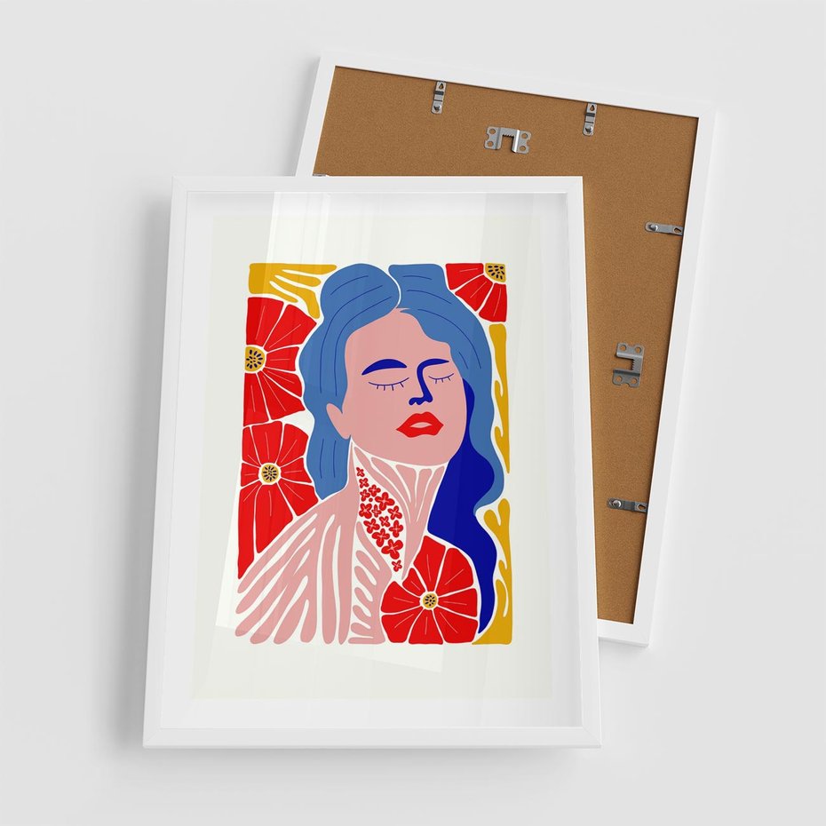 Plakat w ramie 50x70 - Nowoczesna Twarz - nowoczesna grafika, kolorowa twarz kobiety - rama biała