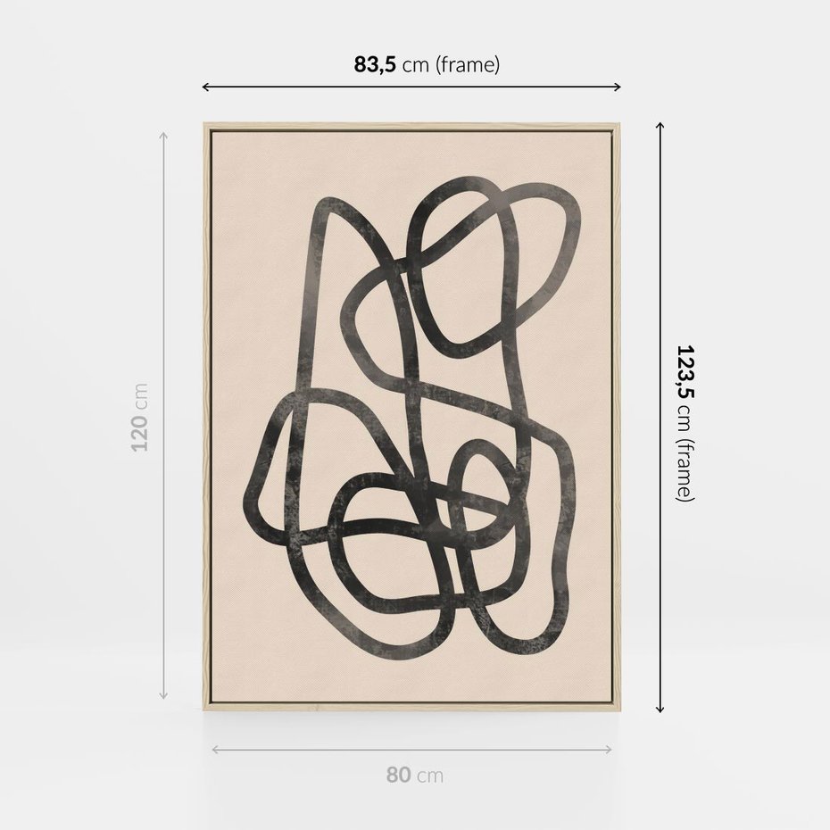 Obraz w ramie 80x120 - Przenikanie Wirtualnych Wymiarów - zaplątane minimalistyczne linie, na bezowym tle - rama drewno