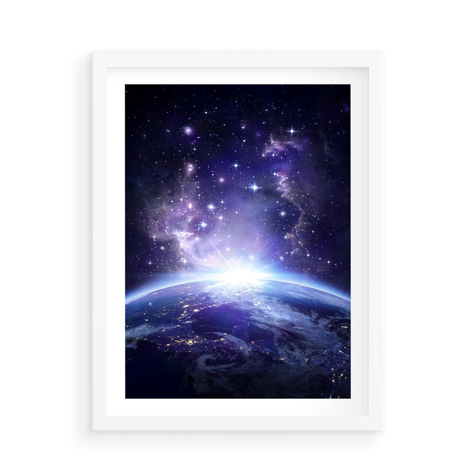 Plakat w ramie 50x70 - Podróż w kosmiczną przestrzeń - kosmos, ziemia - rama biała