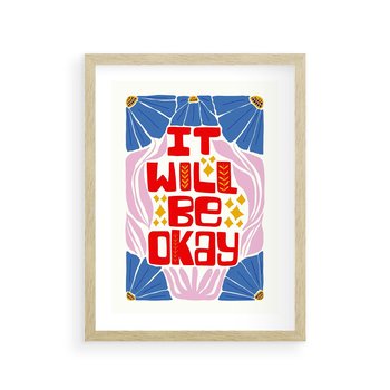 Plakat w ramie 30x40 - Kwiatowa Ekstaza - czerwona pozytywna typografia, kwiatowa kompozycja - rama drewno