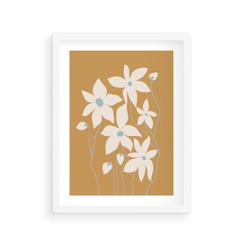 Plakat w ramie 50x70 - Kwiatowy Spektakl - minimalistyczne kwiaty, na pomarańczowym tle - rama biała