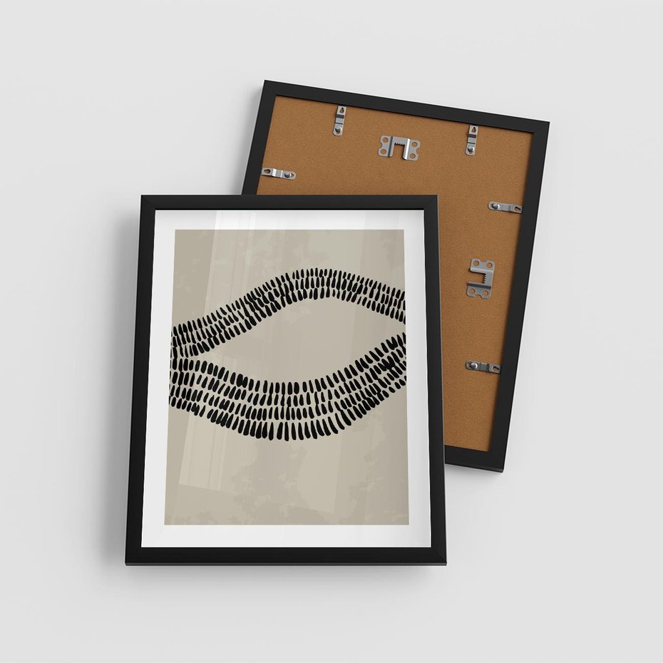 Plakat w ramie 40x50 - Kontury Ewolucji Materii - boho plakat, czarne kropki kreski - rama czarna