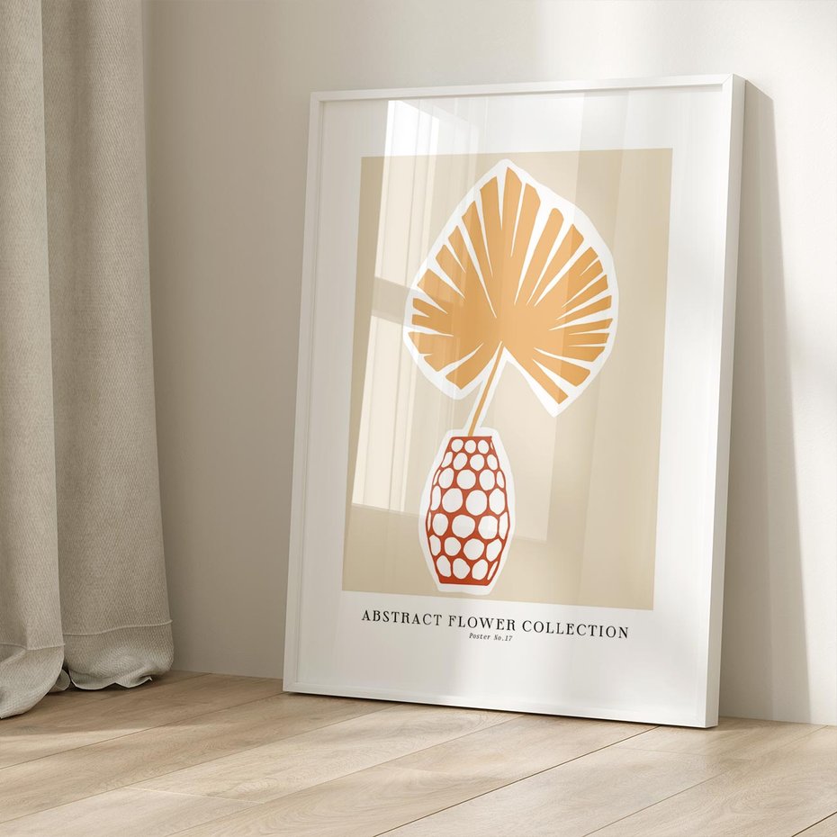 Plakat w ramie 50x70 - Kwiatowa Kreatywność - tropikalny liść w wazonie, typografia - rama biała