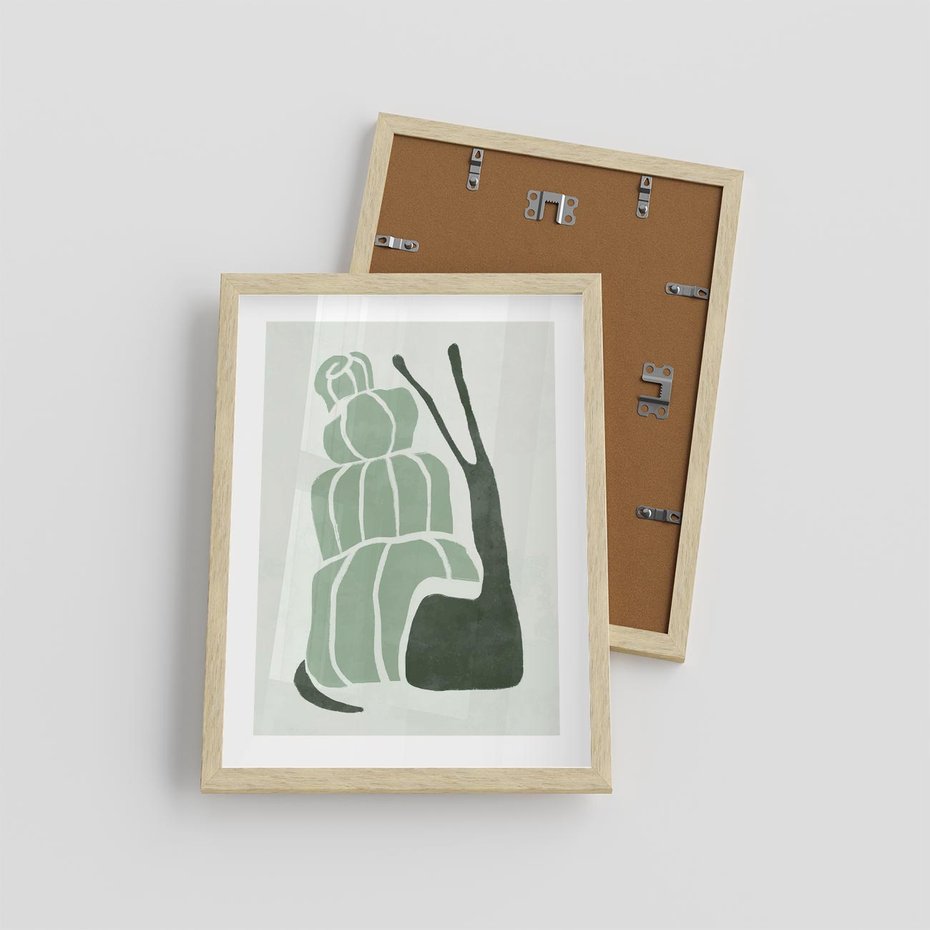 Plakat w ramie 30x40 - Zielona Równowaga - abstrakcyjny zielony ślimak, skandynawski design - rama drewno