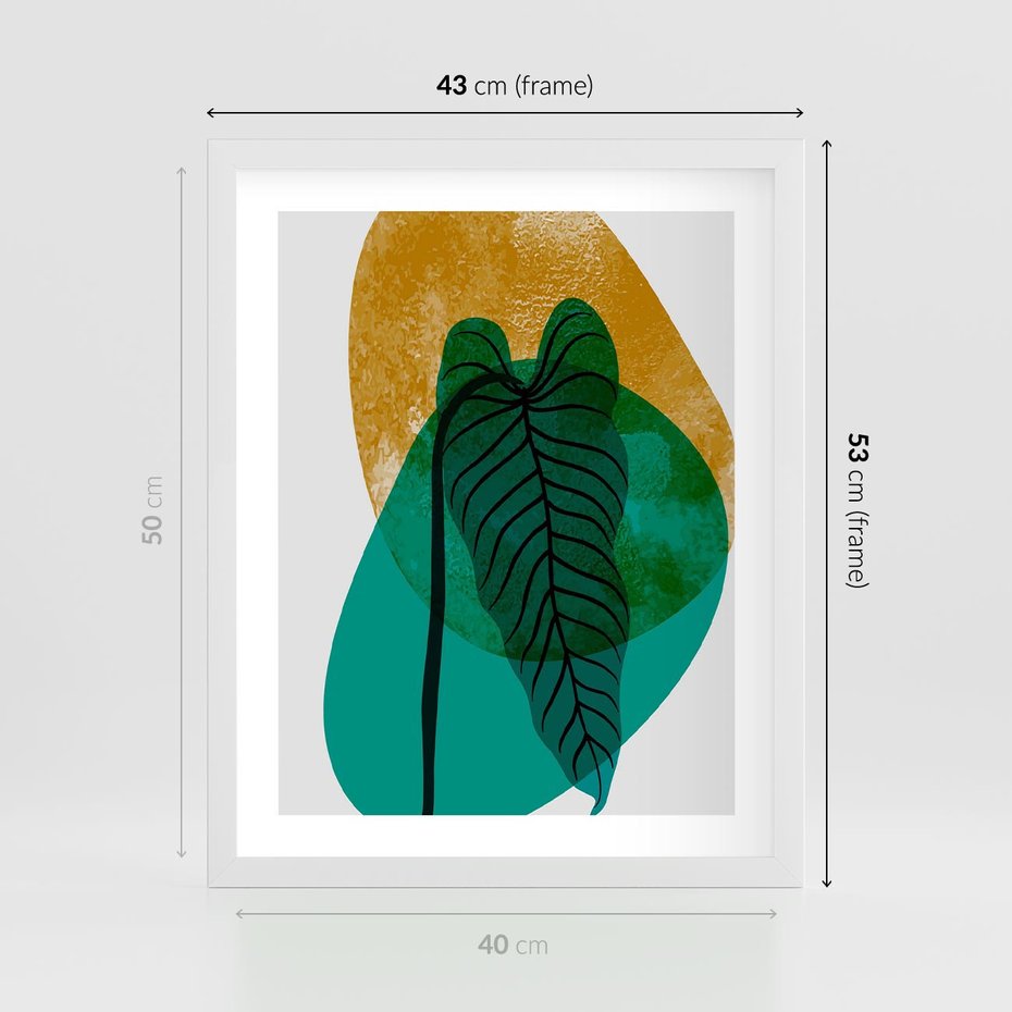 Plakat w ramie 40x50 - Zielony Liść ze Złotą Plamą - zielony liść, złota plama - rama biała